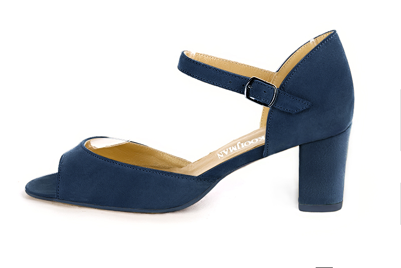Navy blue women's closed back sandals, with an instep strap. Square toe. Medium block heels. Profile view - Florence KOOIJMAN